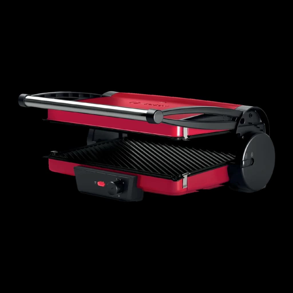 Gril de contact Bosch 2000W 328x238mm Rouge/Anthracite TCG4104, détail: couvercle ouvert avec plaques striées et bouton
