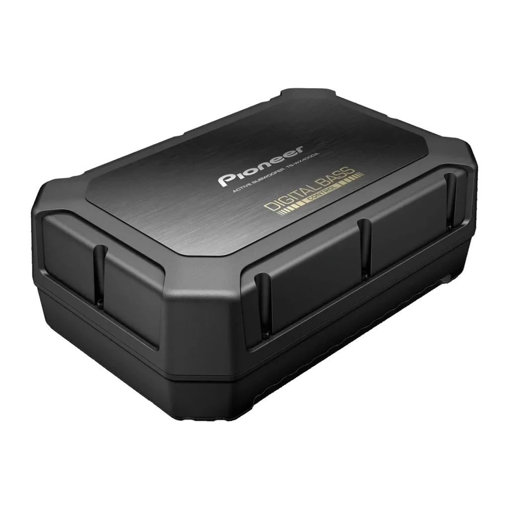 Caisson de basses voiture Pioneer Actif 250W Classe D Noir TS-WX400DA, vue de face: boîtier noir brossé avec logo Pioneer