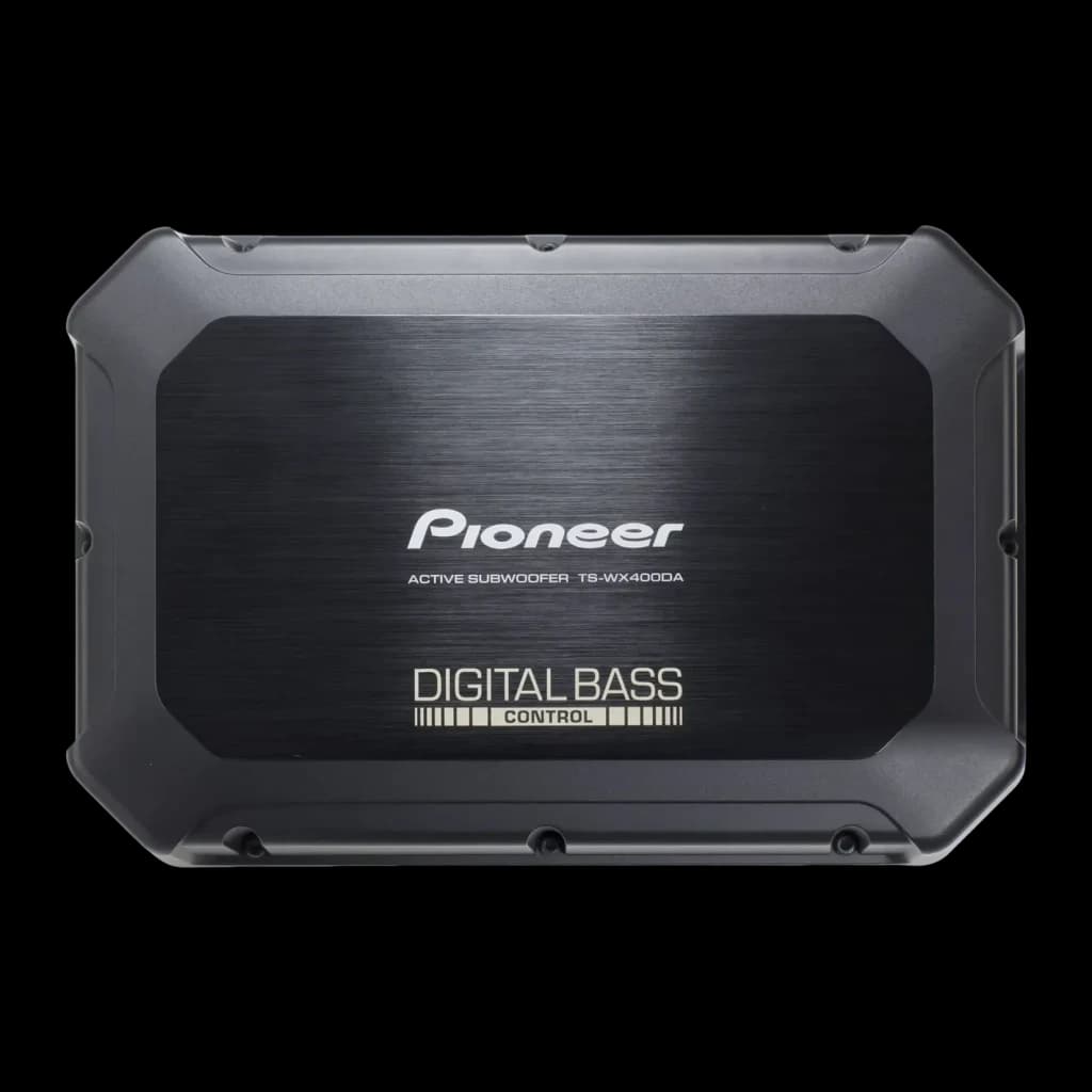 Caisson de basses voiture Pioneer Actif 250W Classe D Noir TS-WX400DA, détail: panneau supérieur brossé avec logo Pioneer