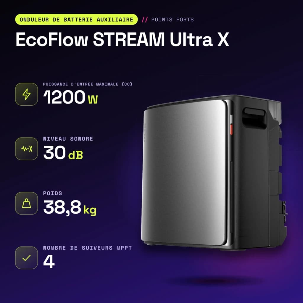 Batterie Solaire avec Micro-onduleur EcoFlow STREAM Ultra X Noir 3,84 kWh 2300W - caractéristiques