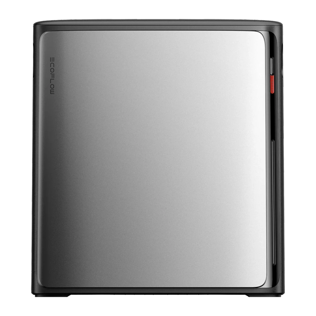 Batterie Solaire avec Micro-onduleur EcoFlow STREAM Ultra X Noir 3,84 kWh 2300W, détail: panneau avant argenté avec logo