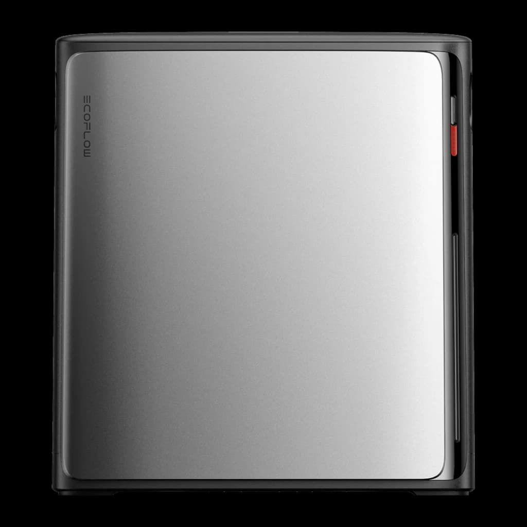 Batterie Solaire avec Micro-onduleur EcoFlow STREAM Ultra X Noir 3,84 kWh 2300W, détail: panneau avant argenté avec logo