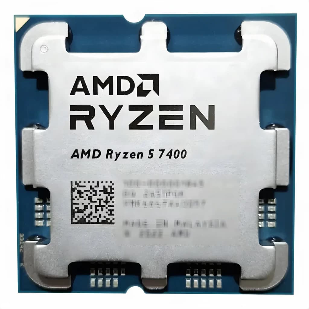 AMD Ryzen 5 7400 AM5 Tray 6 Cœurs, vue de face: IHS argenté avec logo AMD Ryzen gravé et étiquette QR