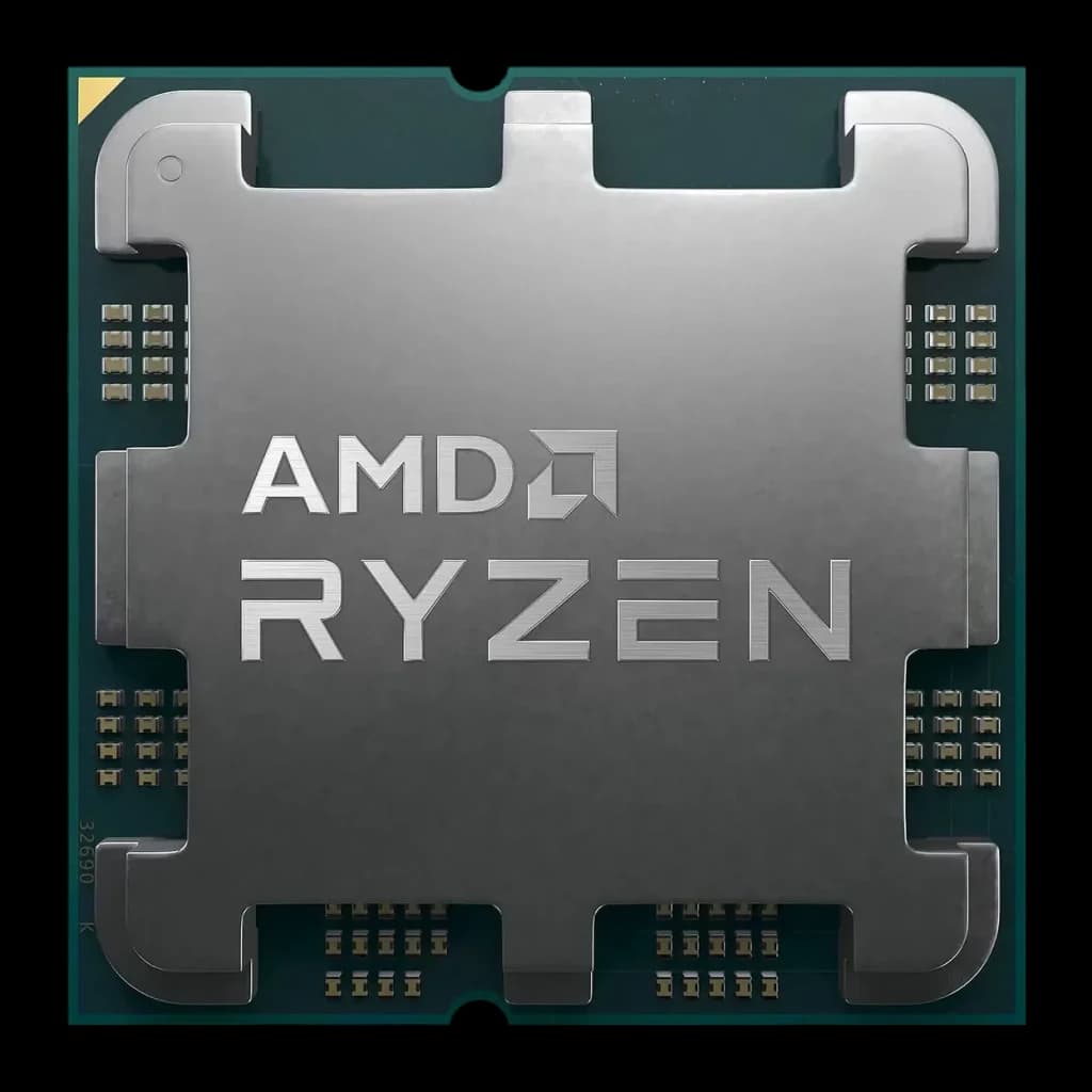 AMD Ryzen 5 7400 AM5 Tray 6 Cœurs, détail: IHS métallique avec logo AMD Ryzen gravé et contacts dorés du socket AM5