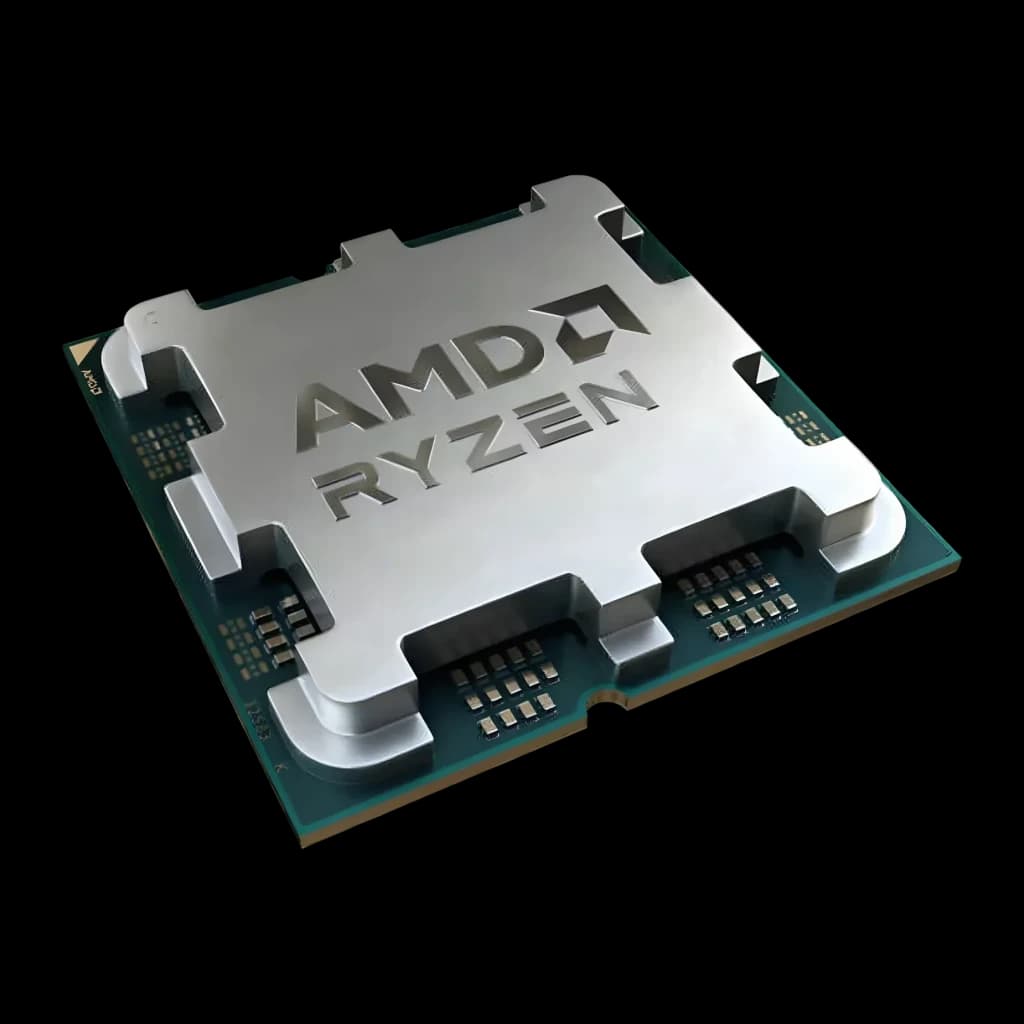 AMD Ryzen 5 7400 AM5 Tray 6 Cœurs, détail: IHS métallique gravé AMD Ryzen et PCB vert en vue angulaire