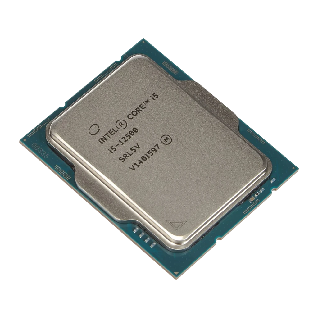 Intel Core i5-12500 Tray 6 Núcleos LGA1700, vista frontal: IHS prateado gravado i5-12500 sobre PCB verde-azulado