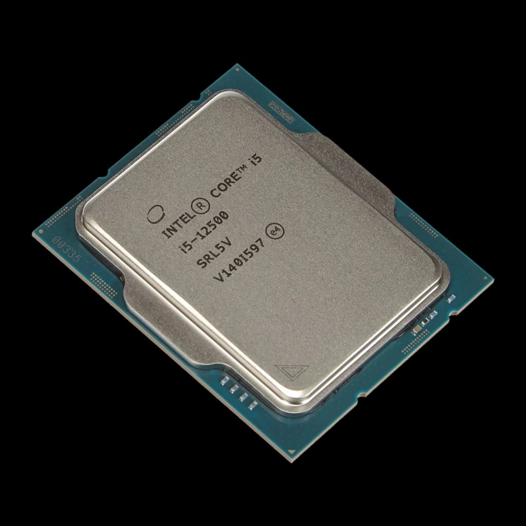Intel Core i5-12500 Tray 6 Núcleos LGA1700, vista frontal: IHS prateado gravado i5-12500 sobre PCB verde-azulado