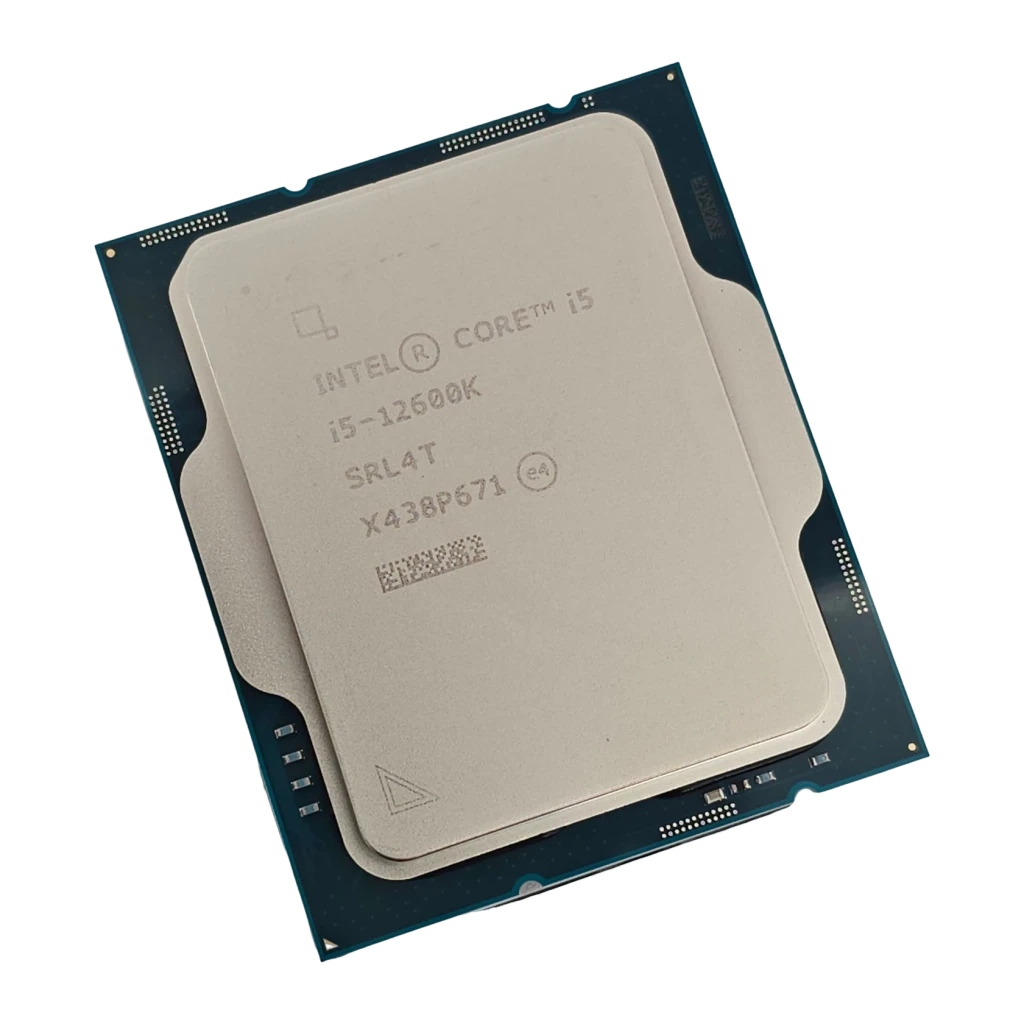 Intel Core i5-12600K Tray 10 Cœurs LGA1700, détail: IHS métallique gravé i5-12600K, marquage SRL4T et PCB bleu avec contacts