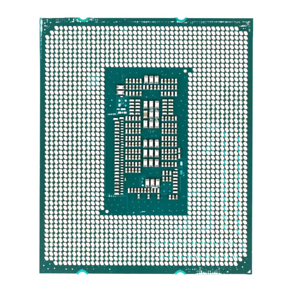 Intel Core i5-12600K Tray 10 Cœurs LGA1700, vue arrière: matrice de contacts LGA et PCB vert sur fond noir