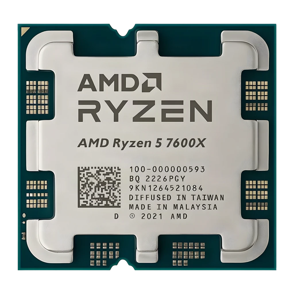 AMD Ryzen 5 7600X AM5 Tray 6 Cœurs, vue de face: IHS argenté avec logo AMD Ryzen et contacts dorés sur PCB vert