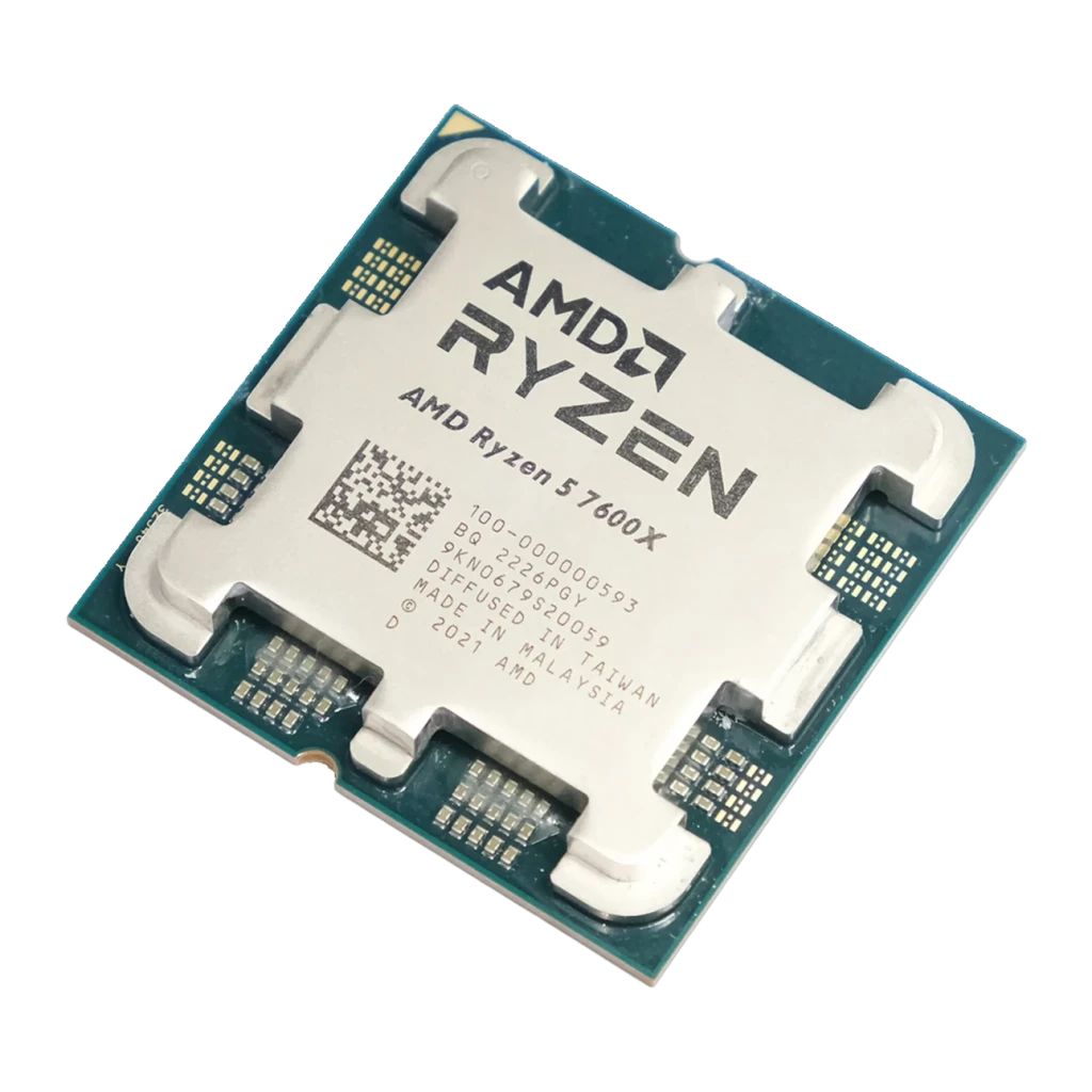 AMD Ryzen 5 7600X AM5 Tray 6 Cœurs, détail: IHS argenté avec gravure du modèle et contacts dorés visibles sur le PCB