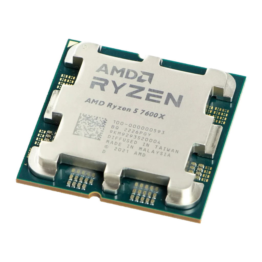 AMD Ryzen 5 7600X AM5 Tray 6 Cœurs, détail: IHS argenté gravé AMD Ryzen 5 7600X et PCB vert avec contacts dorés visibles