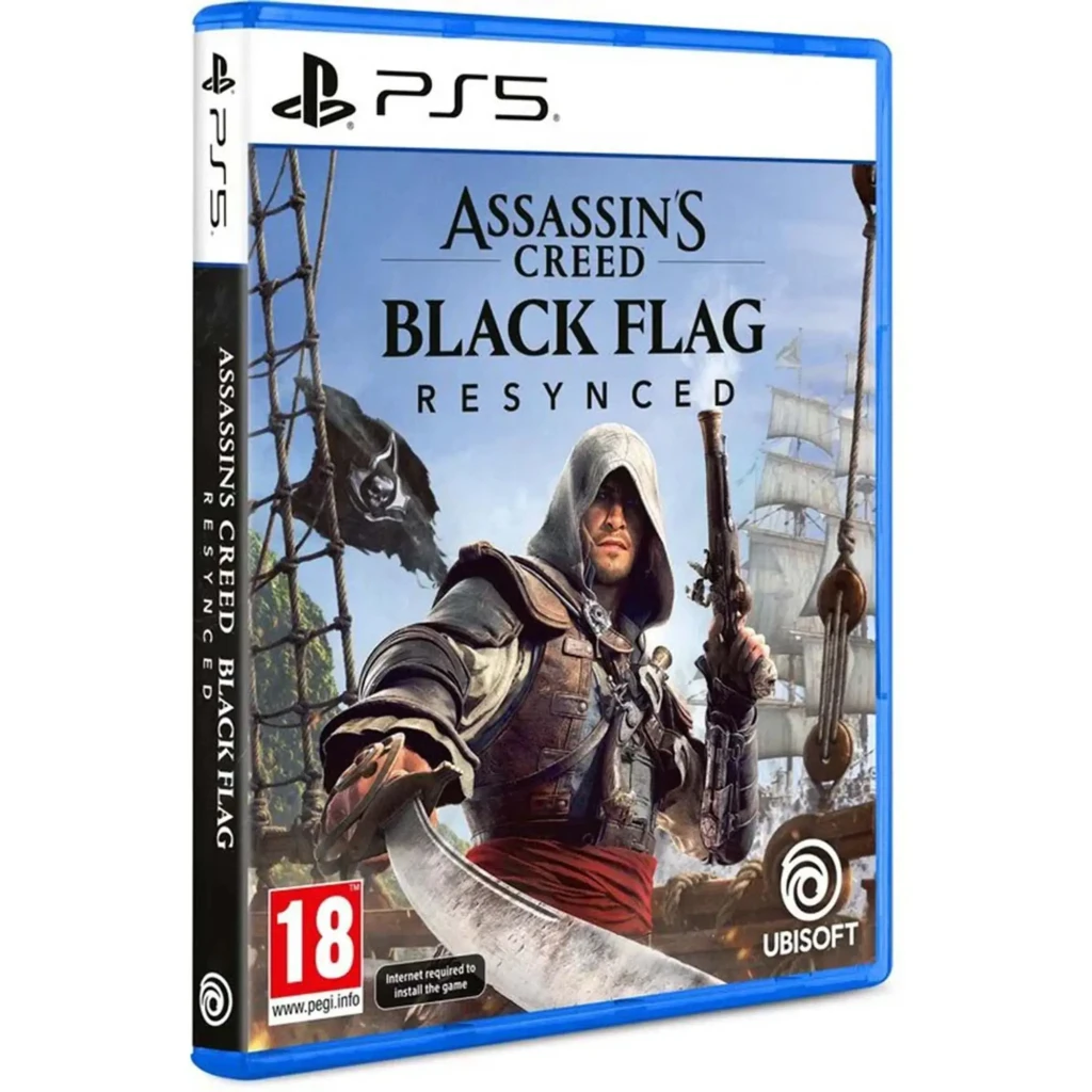 Jogo Ubisoft Assassin's Creed IV: Black Flag Resynced PS5, detalhe: caixa em ângulo com capa do assassino pirata e lombada