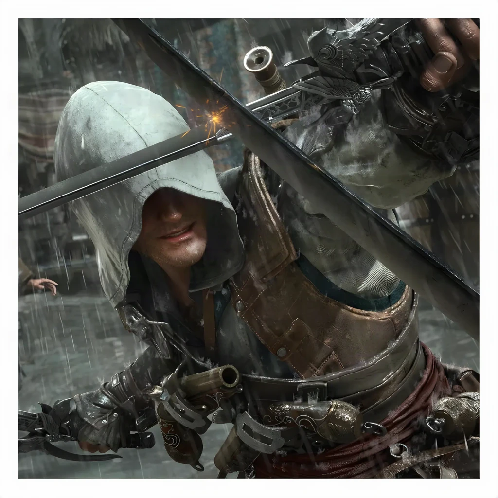 Jogo Ubisoft Assassin's Creed IV: Black Flag Resynced PS5, em uso: Edward com capuz branco bloqueando espadas cruzadas sob