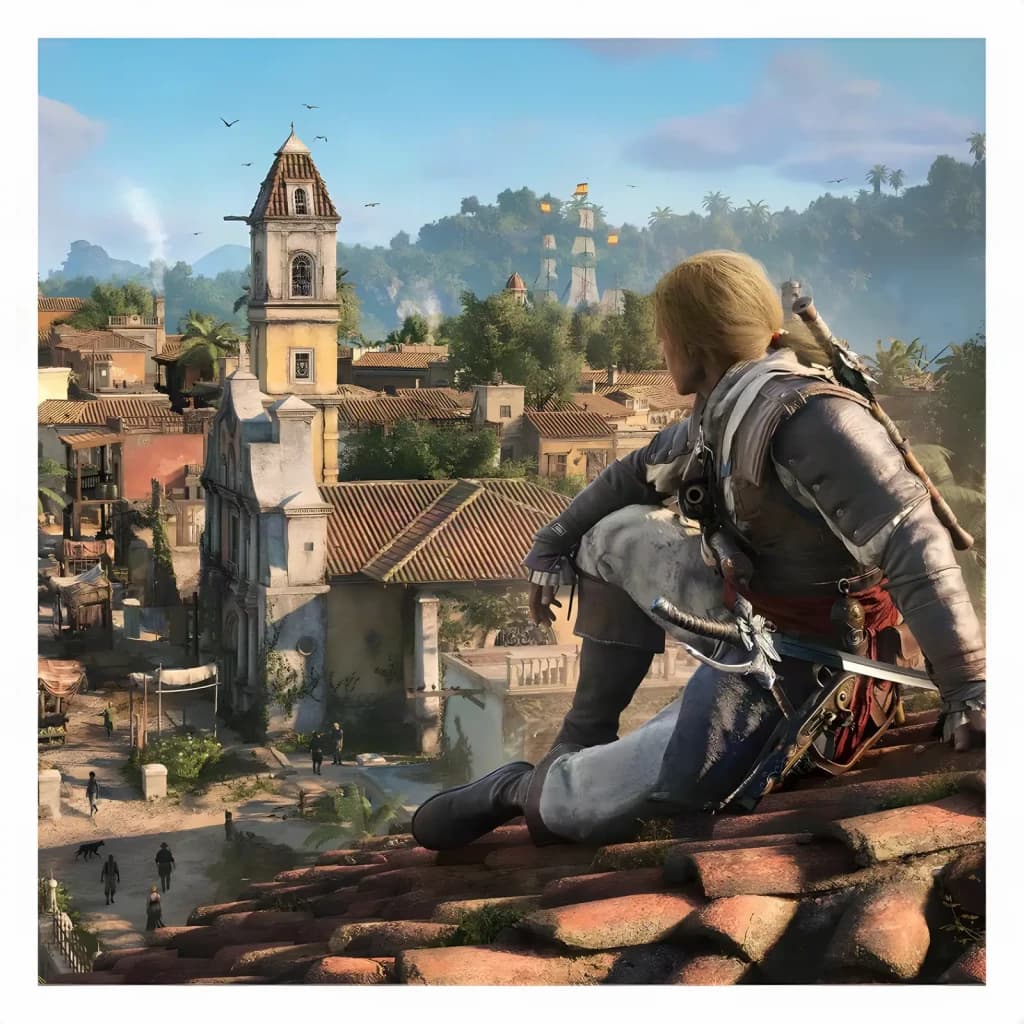 Jogo Ubisoft Assassin's Creed IV: Black Flag Resynced PS5, em uso: Edward sentado em telhado observa cidade colonial