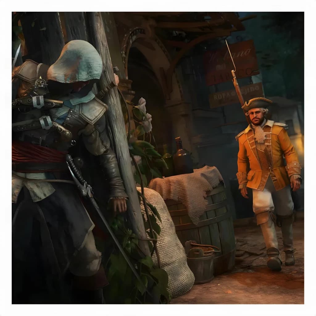 Jogo Ubisoft Assassin's Creed IV: Black Flag Resynced PS5, em uso: assassino encapuzado espreita guarda de casaco laranja