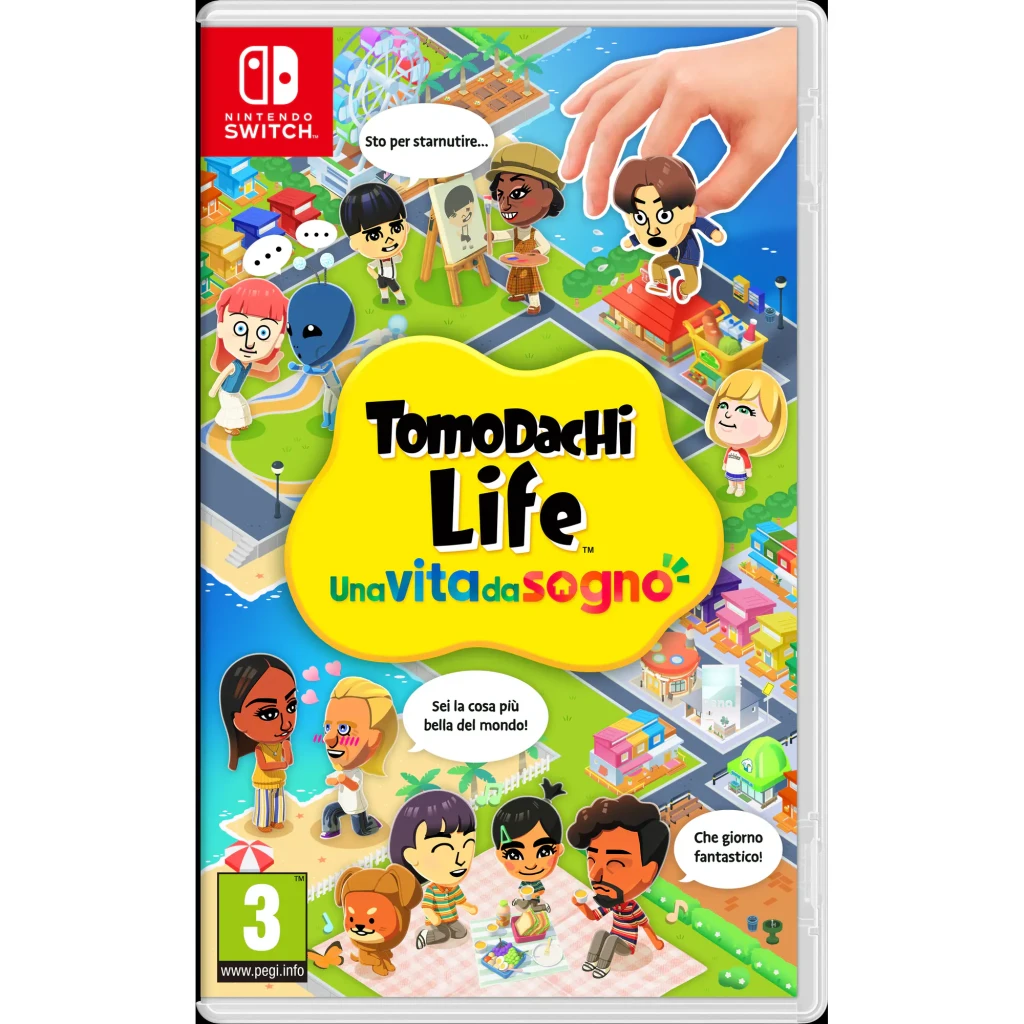 Jogo de vídeo Nintendo Tomodachi Life: Uma Vida de Sonho Switch Edição Italiana, vista frontal: capa com Miis em ilha