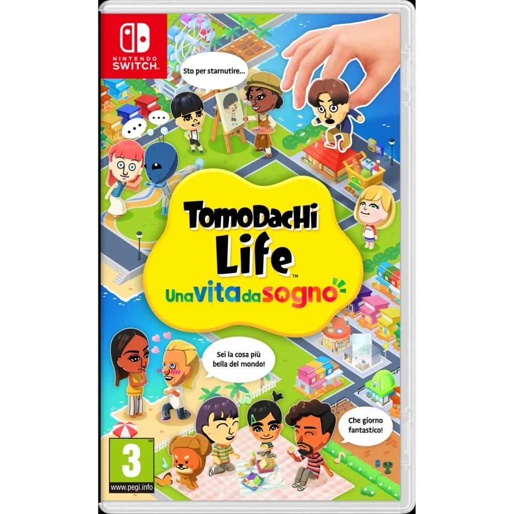 Jogo de vídeo Nintendo Tomodachi Life: Uma Vida de Sonho Switch Edição Italiana, vista frontal: capa com Miis em ilha