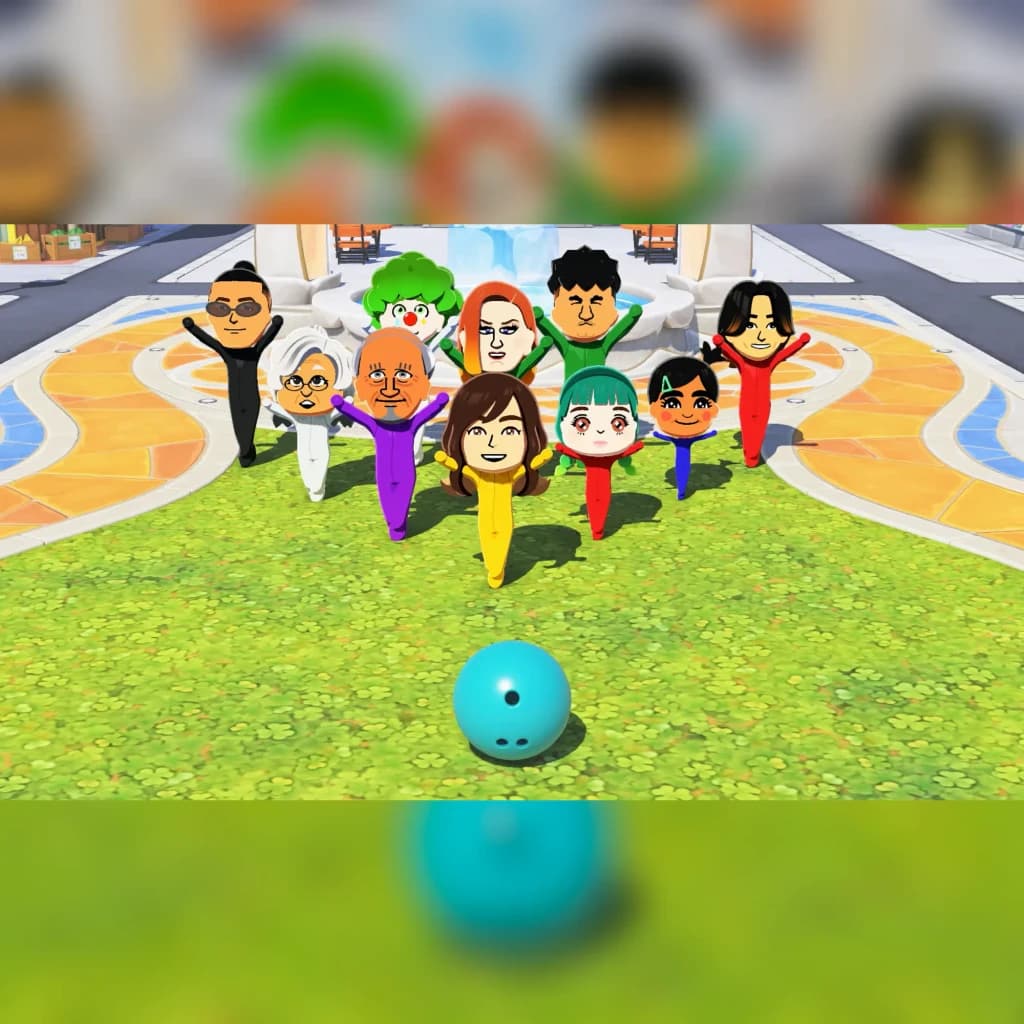Jogo de vídeo Nintendo Tomodachi Life: Uma Vida de Sonho Switch Edição Italiana, em uso: Miis a jogar bowling em campo verde