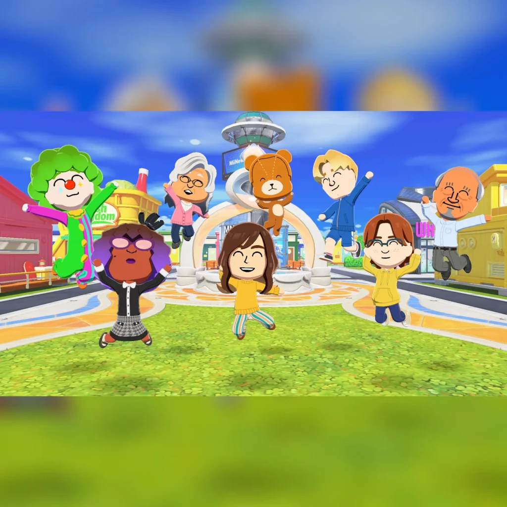Jogo de vídeo Nintendo Tomodachi Life: Uma Vida de Sonho Switch Edição Italiana, em uso: grupo de Miis saltando em praça