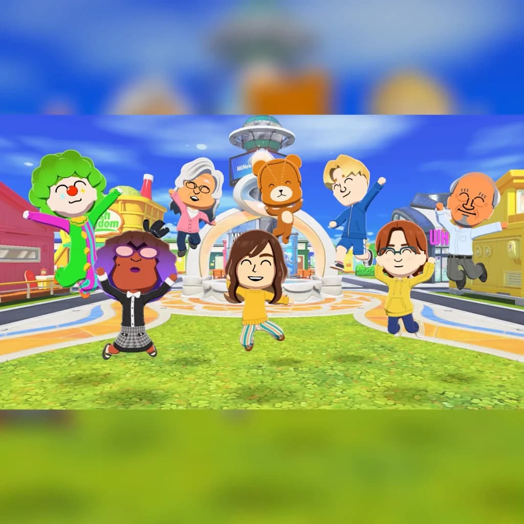 Jogo de vídeo Nintendo Tomodachi Life: Uma Vida de Sonho Switch Edição Italiana, em uso: grupo de Miis saltando em praça