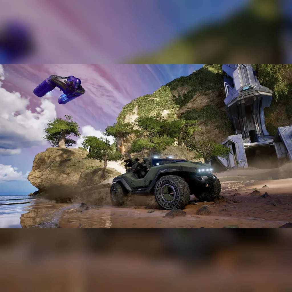 Jeu vidéo Microsoft Halo Campaign Evolved Standard Xbox Series X, en jeu: Warthog sur plage alien avec vaisseau Covenant