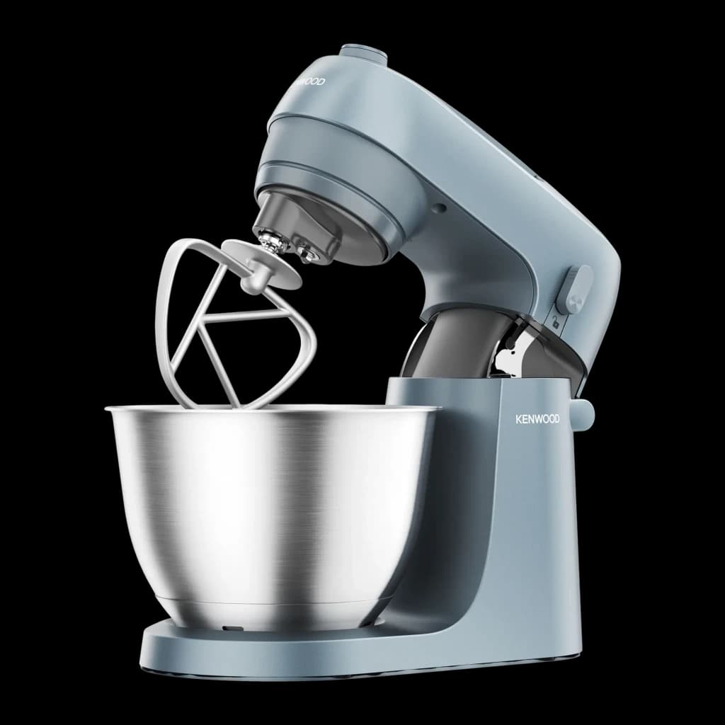 Robot pâtissier Kenwood Go 4L 800W 6 Vitesses + Turbo Bleu KZM35.000GY, détail: fouet plat sur bol en acier inoxydable