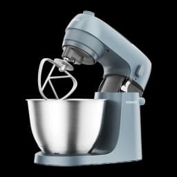 Robot pâtissier Kenwood Go 4L 800W 6 Vitesses + Turbo Bleu KZM35.000GY, détail: fouet plat sur bol en acier inoxydable