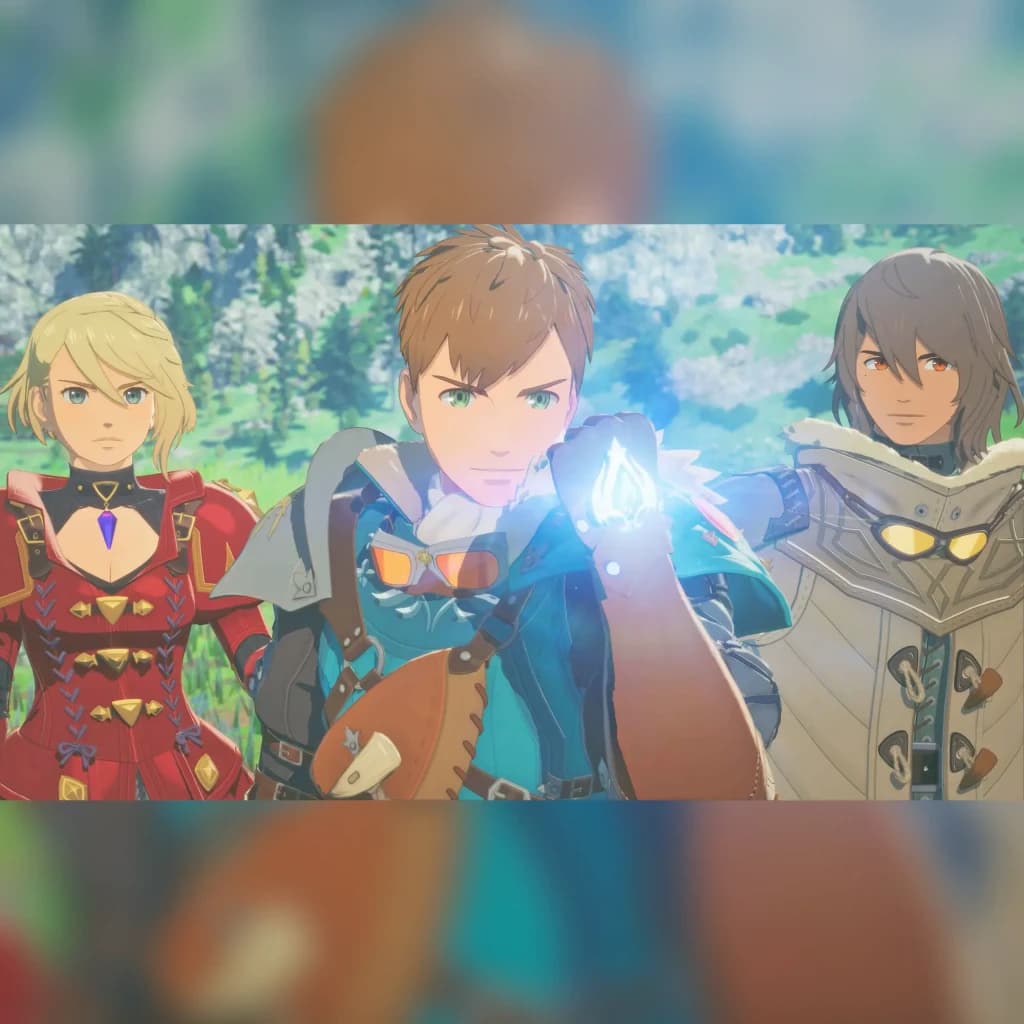 Jogo «Monster Hunter Stories 3: Twisted Reflection» da Capcom para a Nintendo Switch 2, em uso: três personagens anime