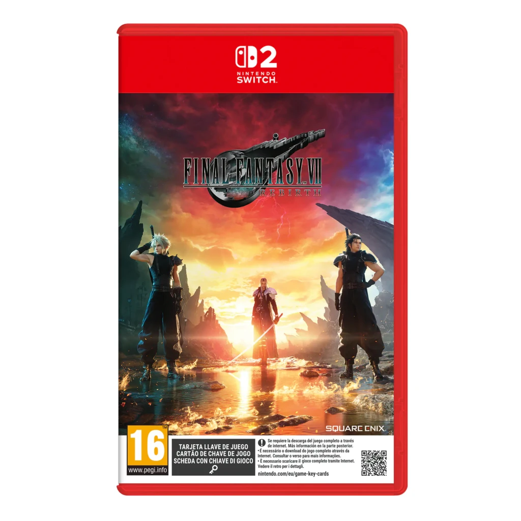 Jeu vidéo Square Enix Final Fantasy VII Rebirth Nintendo Switch 2, vue de face: pochette avec trois personnages et logo PEGI