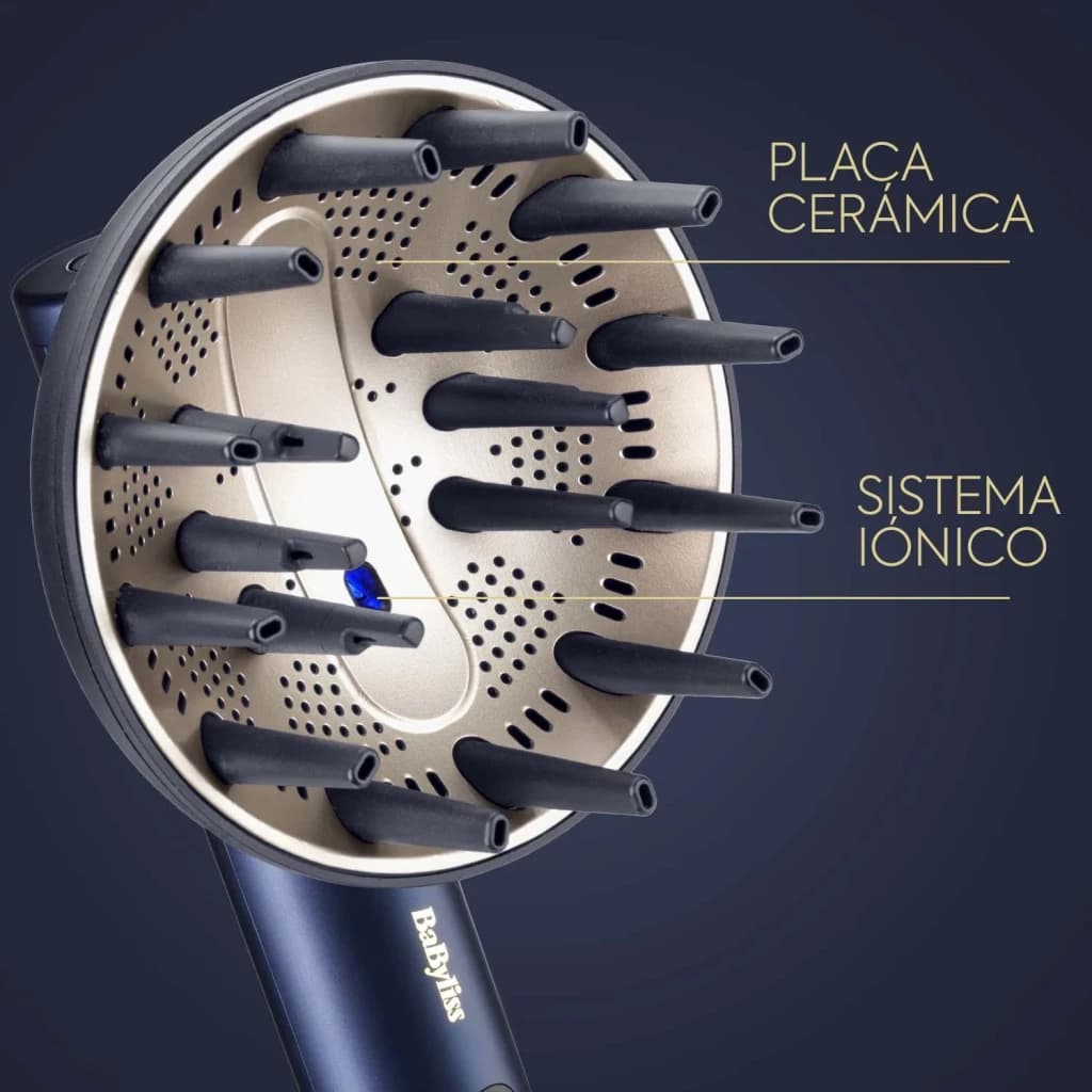 Difusor para secador BaByliss Air Power Azul ACAS6550DIF, detalle interior: placa cerámica dorada, dedos negros y sistema