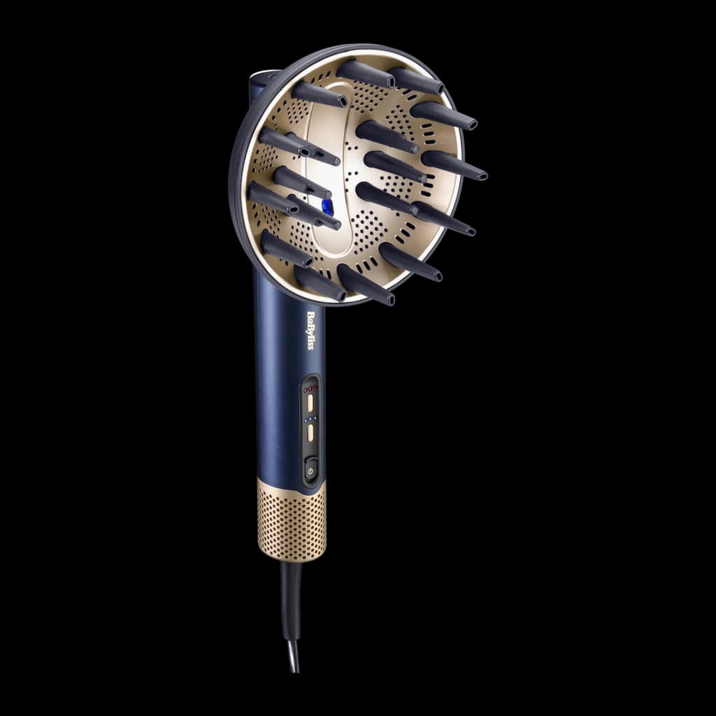 Difusor para secador BaByliss Air Power Azul ACAS6550DIF, detalle: interior dorado con dedos y perforaciones, mango azul