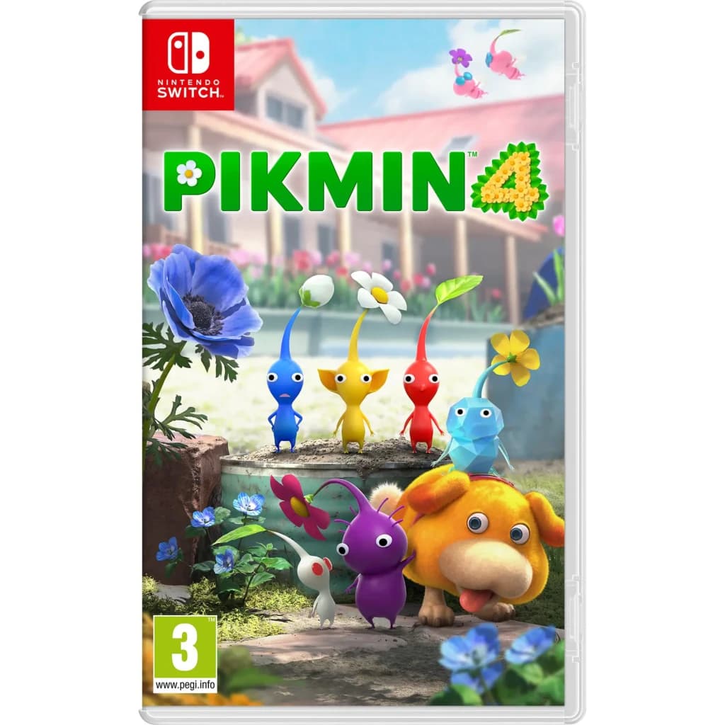 Jogo Pikmin 4 da Nintendo para a Switch (Edição Padrão), vista frontal: capa com Pikmins coloridos e cão Oatchi no jardim