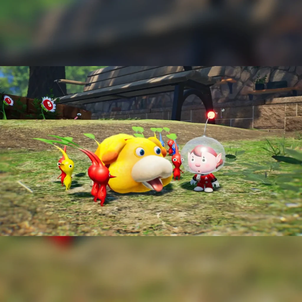 Jogo Pikmin 4 da Nintendo para a Switch (Edição Padrão) em uso: capitão com Oatchi e pikmins vermelhos ao ar livre