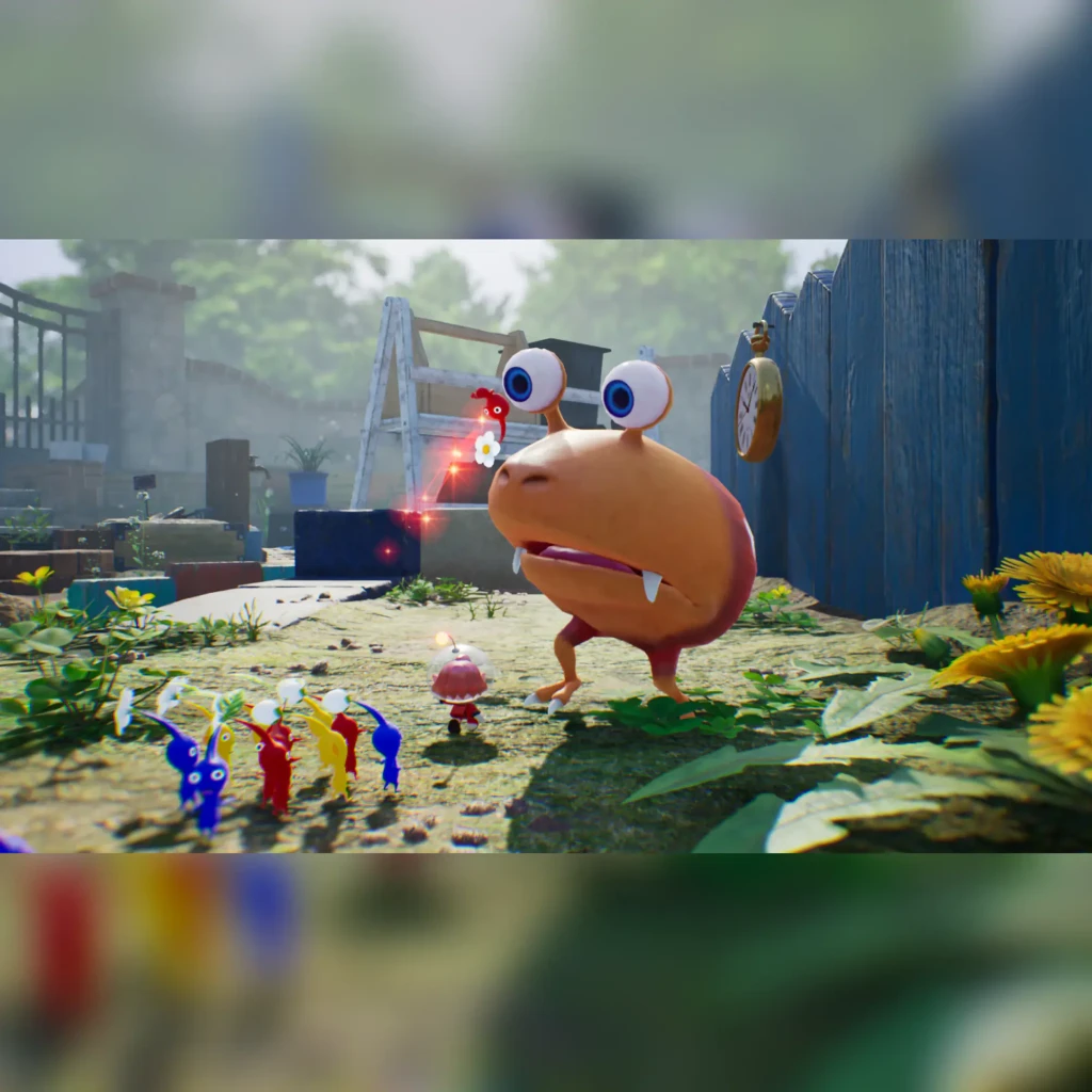 Jogo Pikmin 4 da Nintendo para a Switch (Edição Padrão), em uso: Bulborb gigante enfrenta pikmin coloridos em cenário