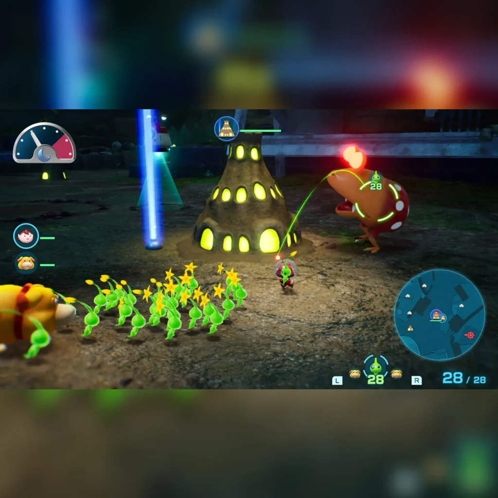Jogo Pikmin 4 da Nintendo para a Switch (Edição Padrão), em uso: gameplay noturno com pikmin verdes, base iluminada