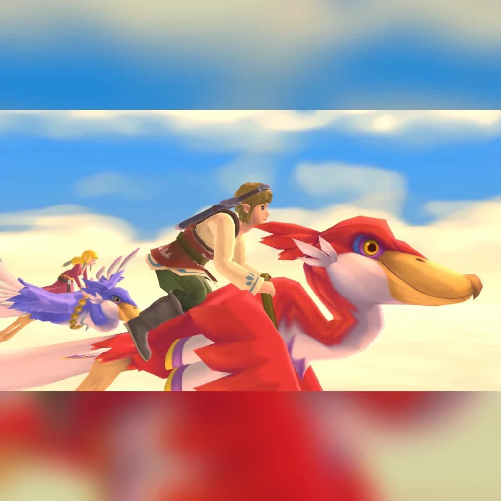 Videojuego Nintendo The Legend of Zelda: Skyward Sword HD Switch, en uso: Link vuela en Loftwing rojo junto a Zelda en ave