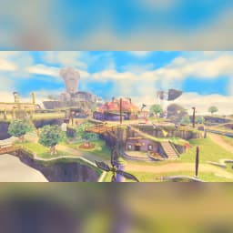 Videojuego Nintendo The Legend of Zelda: Skyward Sword HD Switch, en uso: aldea Celeo flotante con casas, puentes y cielo