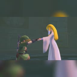 Videojuego Nintendo The Legend of Zelda: Skyward Sword HD Switch, en uso: Link arrodillado toma la mano de Zelda en escena