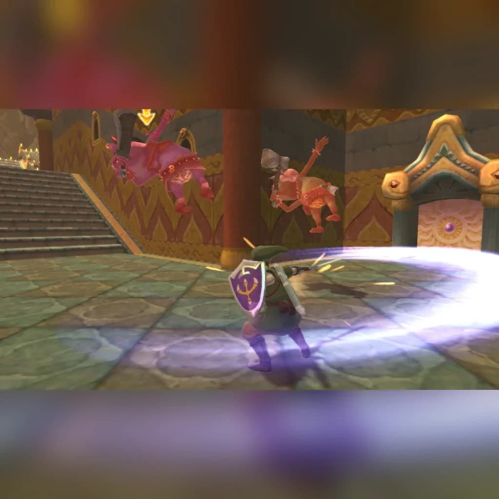 Videojuego Nintendo The Legend of Zelda: Skyward Sword HD Switch, en uso: Link ataca con espada brillante a dos enemigos