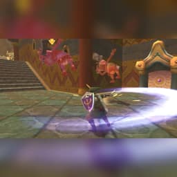 Videojuego Nintendo The Legend of Zelda: Skyward Sword HD Switch, en uso: Link ataca con espada brillante a dos enemigos