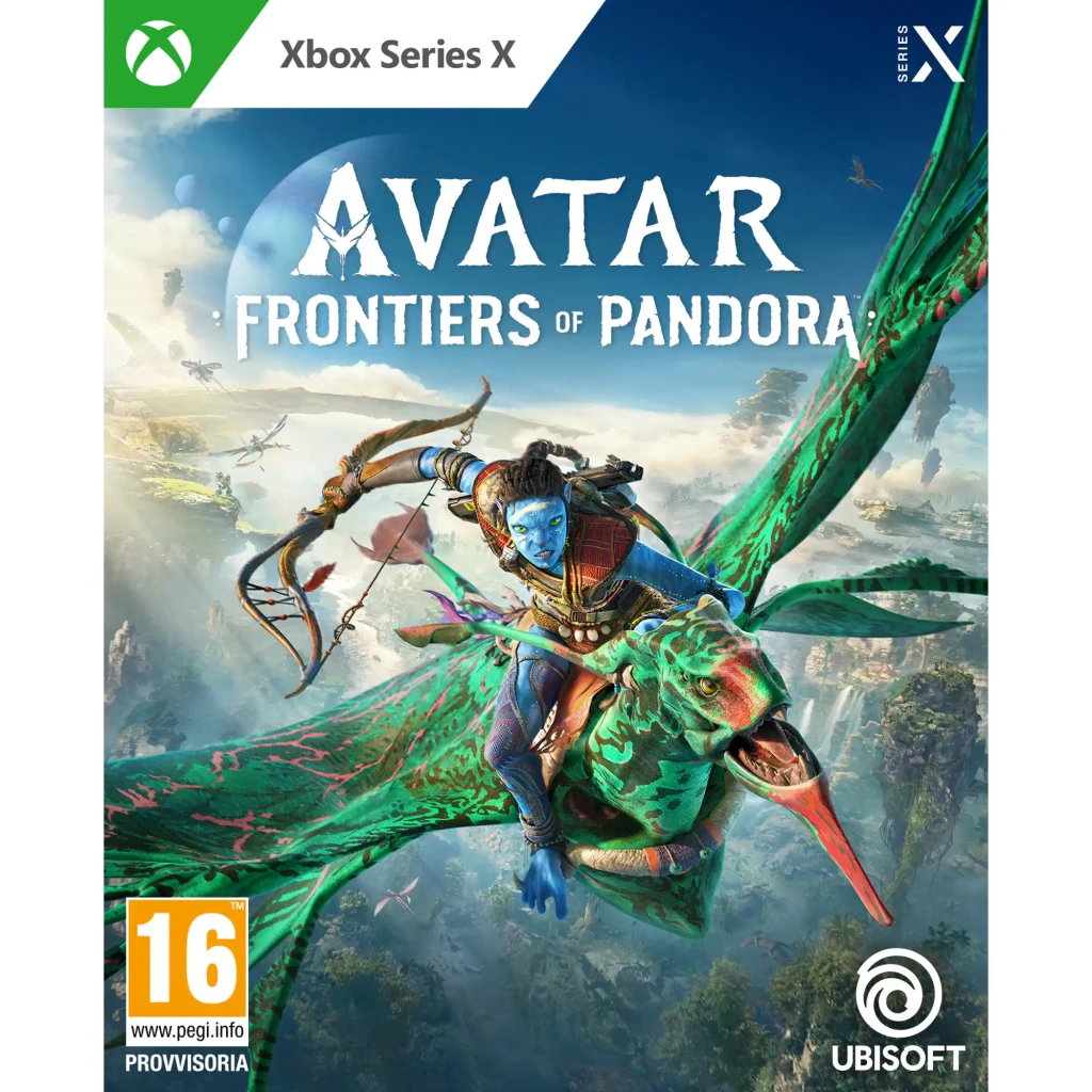 Jogo da Ubisoft «Avatar: Frontiers of Pandora» Edição Italiana para Xbox Series X/S, vista frontal: capa com Na'vi montando