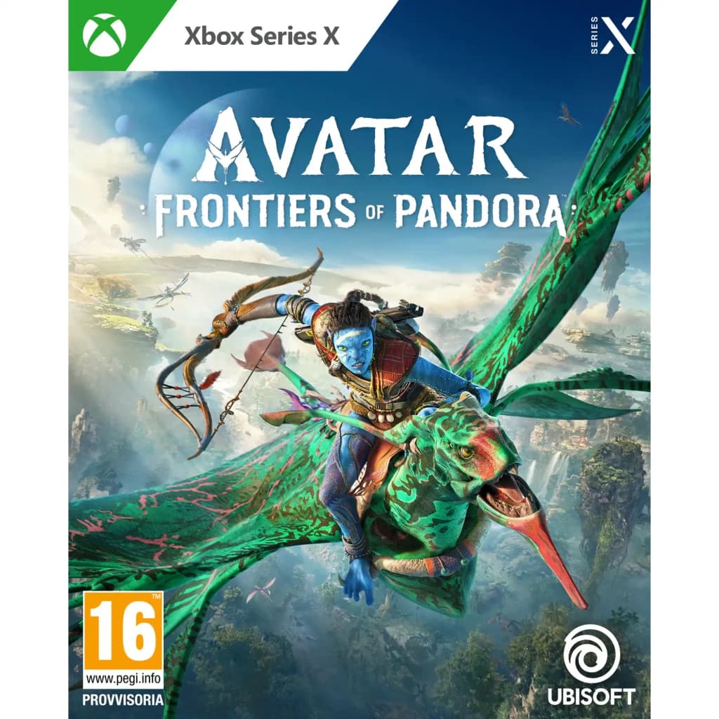 Jogo da Ubisoft «Avatar: Frontiers of Pandora» Edição Italiana para Xbox Series X/S, vista frontal: capa com Na'vi montando