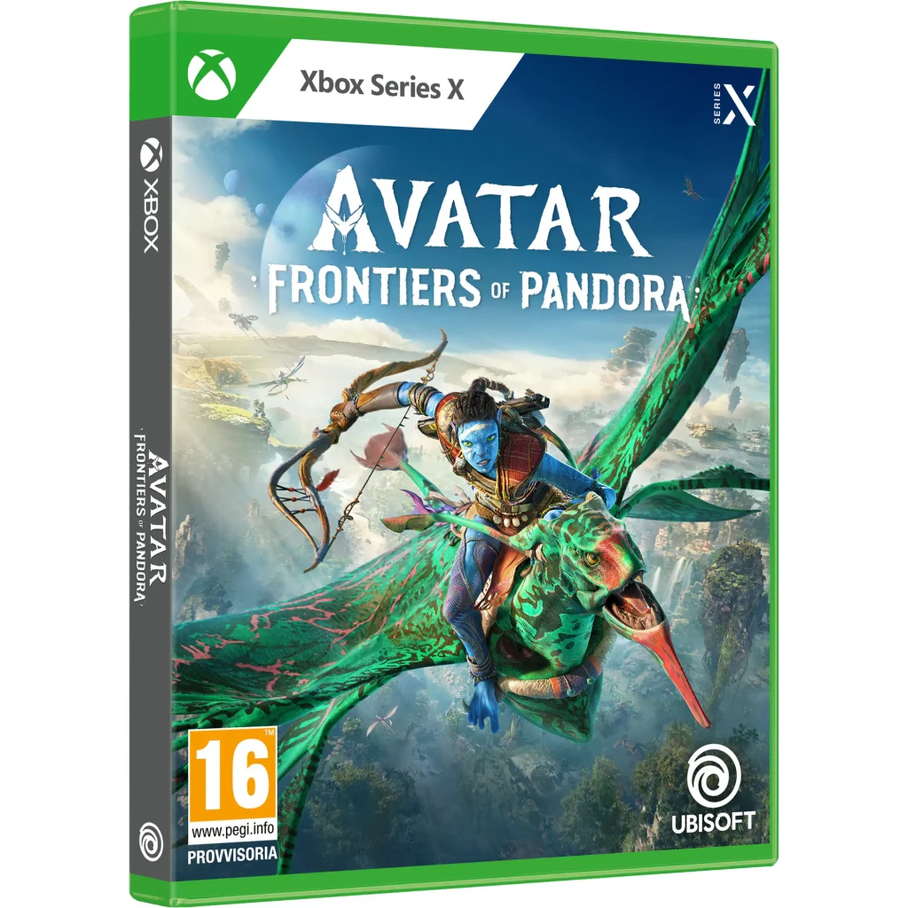 Jogo da Ubisoft «Avatar: Frontiers of Pandora» Edição Italiana para Xbox Series X/S, detalhe: caixa em ângulo com Na'vi