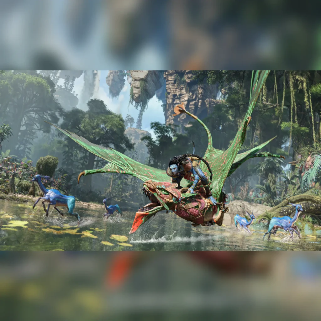 Jogo da Ubisoft «Avatar: Frontiers of Pandora» Edição Italiana para Xbox Series X/S, em uso: Na'vi montando ikran verde