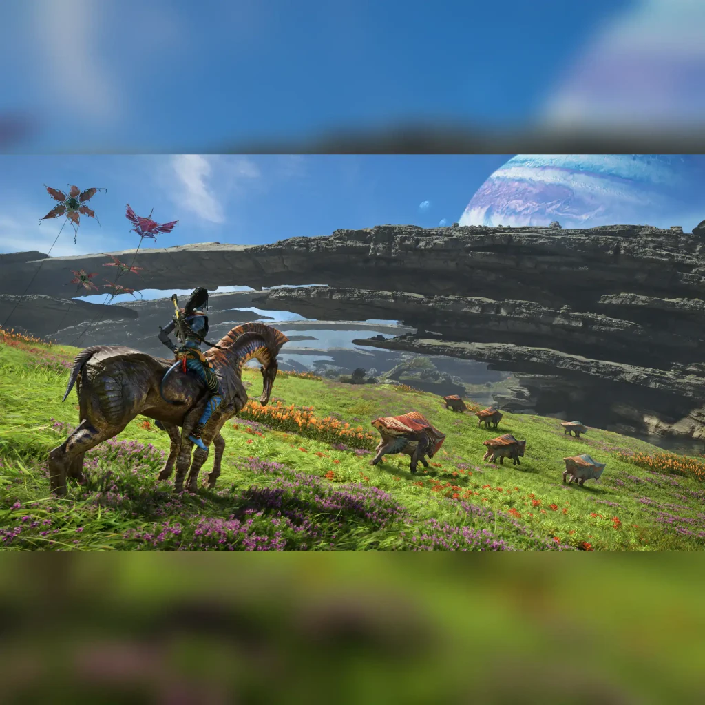 Jogo da Ubisoft «Avatar: Frontiers of Pandora» Edição Italiana para Xbox Series X/S, em uso: Na'vi montado em direhorse