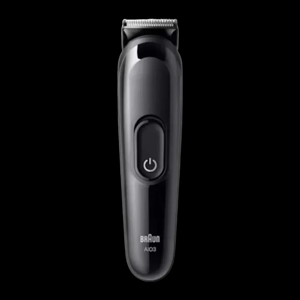 Cortapelos Braun All-in-One Series 3 Negro Sin Cable 50min AIO3560, vista frontal: cuerpo negro mate, botón de encendido