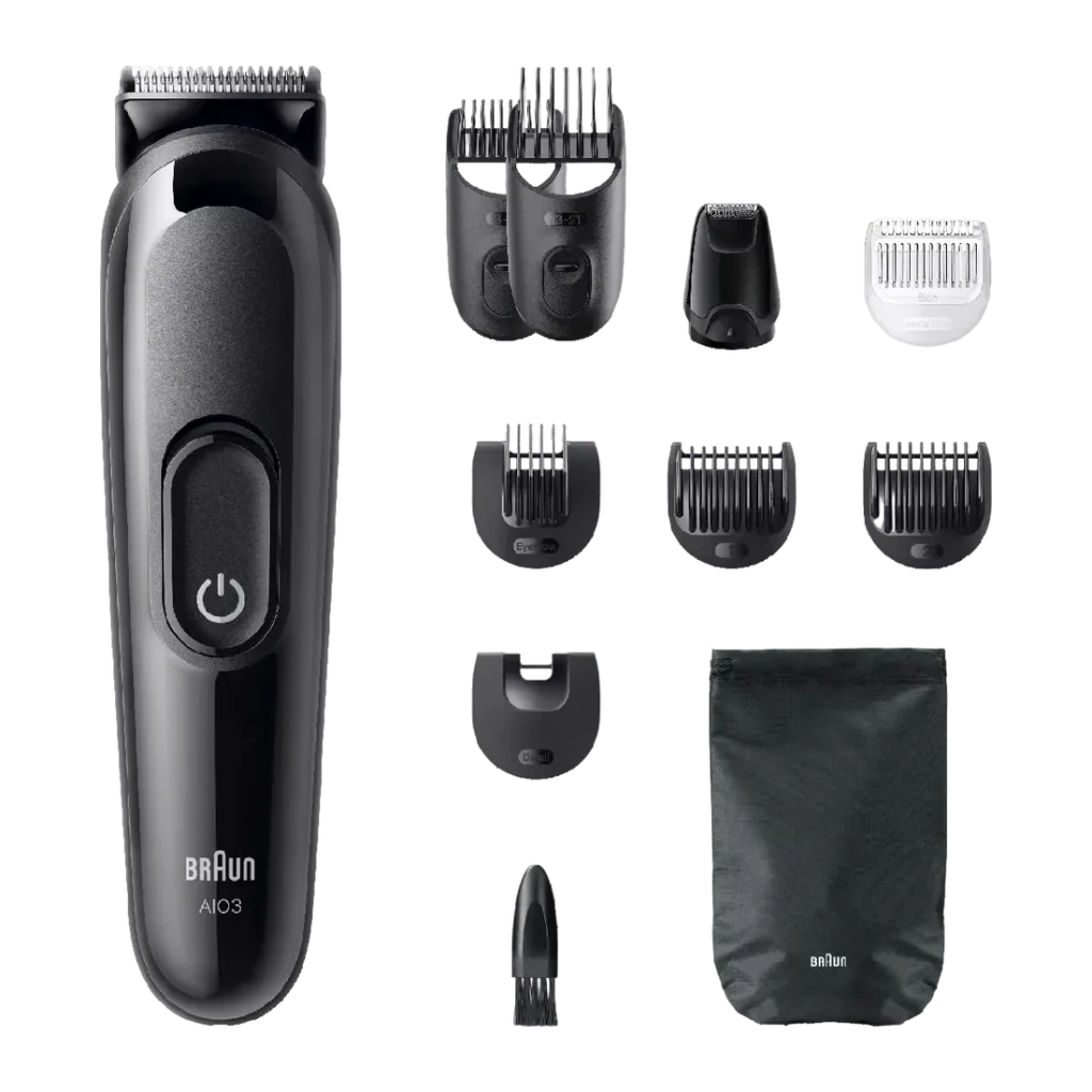 Cortapelos Braun All-in-One Series 3 Negro Sin Cable 50min AIO3560, detalle: cortapelos y 8 accesorios intercambiables