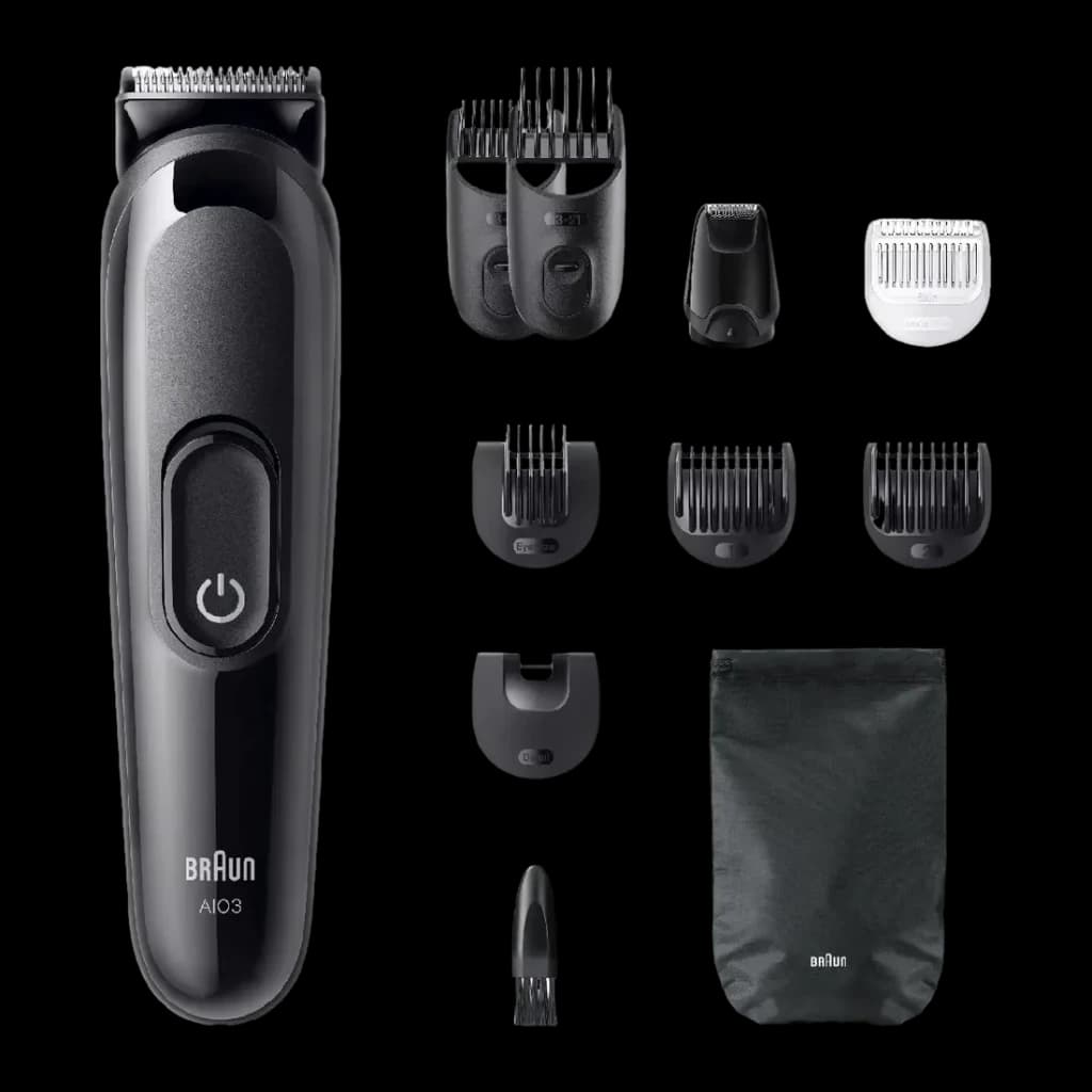 Cortapelos Braun All-in-One Series 3 Negro Sin Cable 50min AIO3560, detalle: cortapelos y 8 accesorios intercambiables