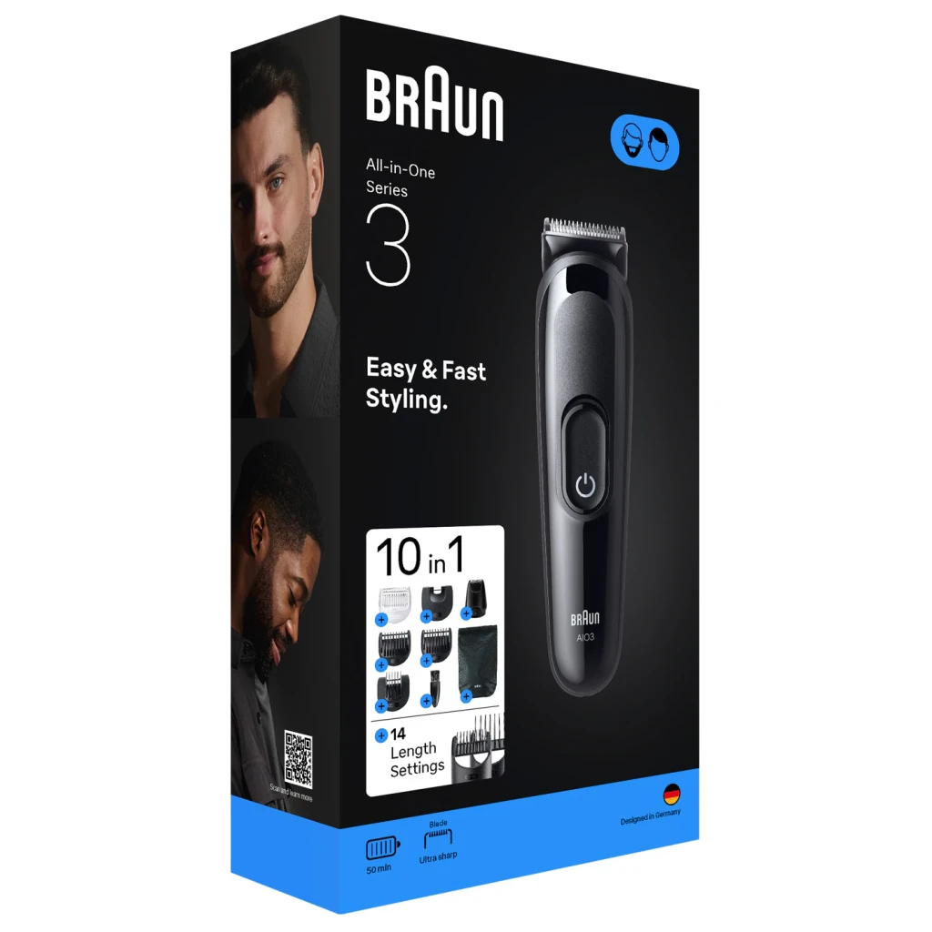 Cortapelos Braun All-in-One Series 3 Negro Sin Cable 50min AIO3560, contenido de la caja: packaging frontal con cortapelos